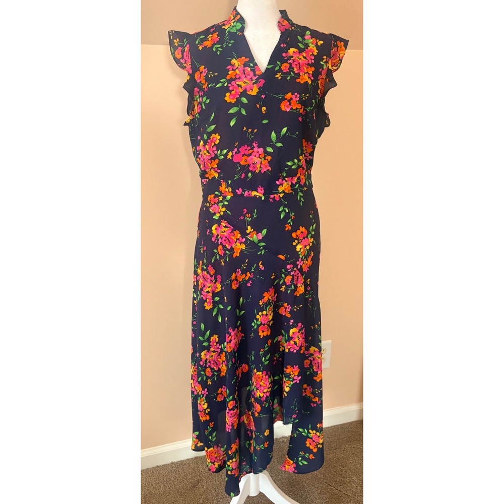 Nanette Lepore Midi Dress Womens 8 Navy Floral Excellent Asymmetrical Hem
